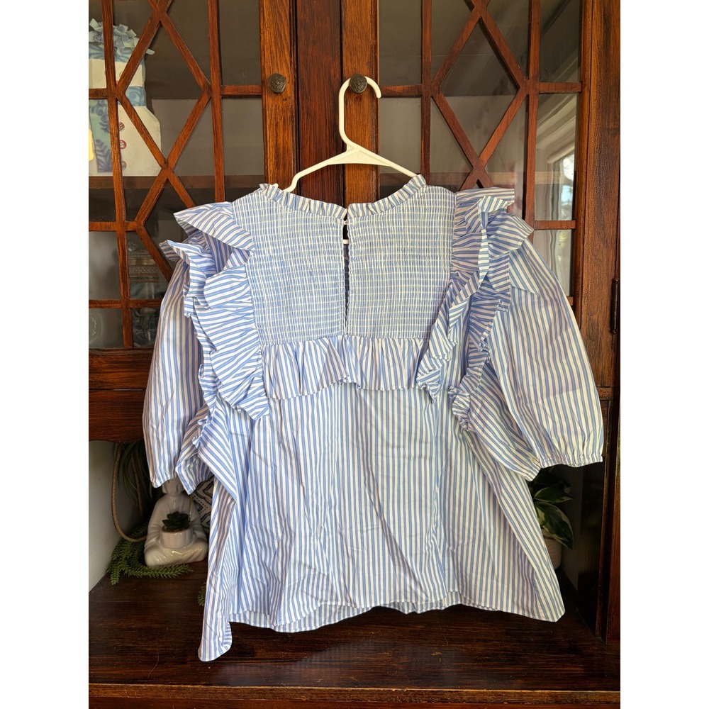 English Factory Blue White Striped Smocked Ruffle Puff Sleeve Top - Picture 3 of 6